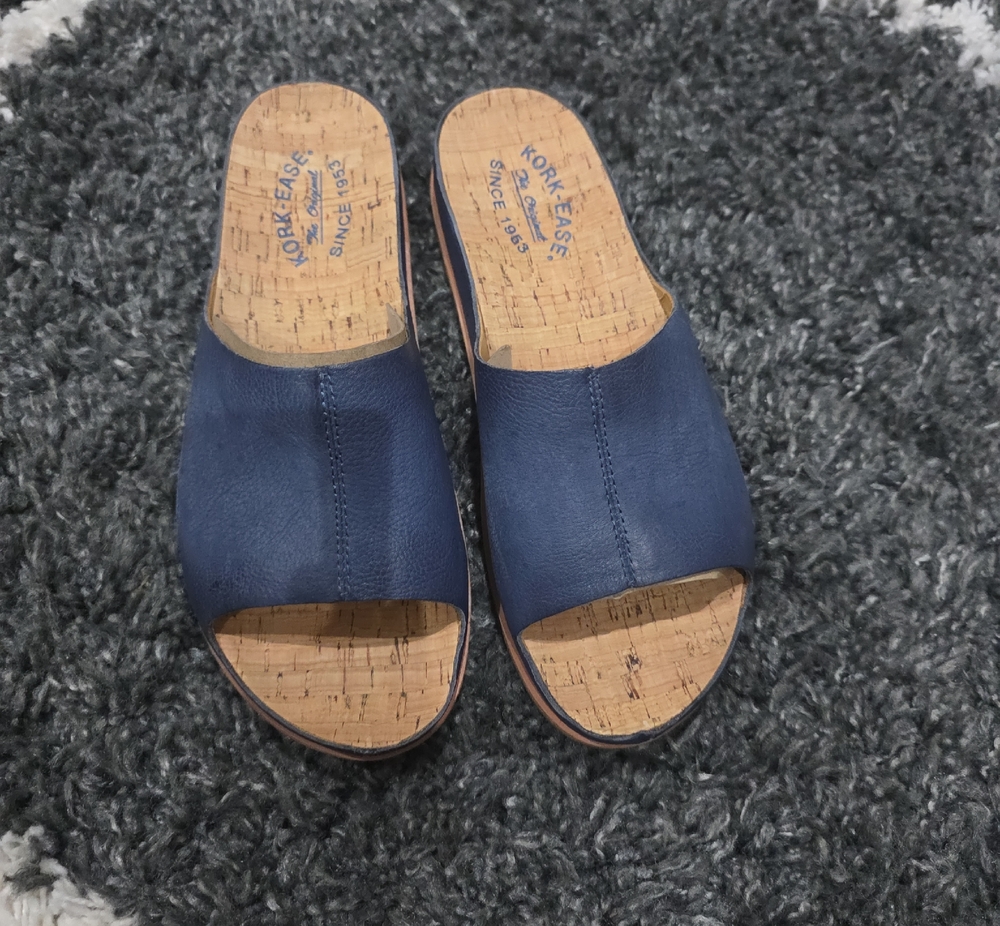 Kork-Ease Navy Leather Open-Toe Slide Mules Size 9M
